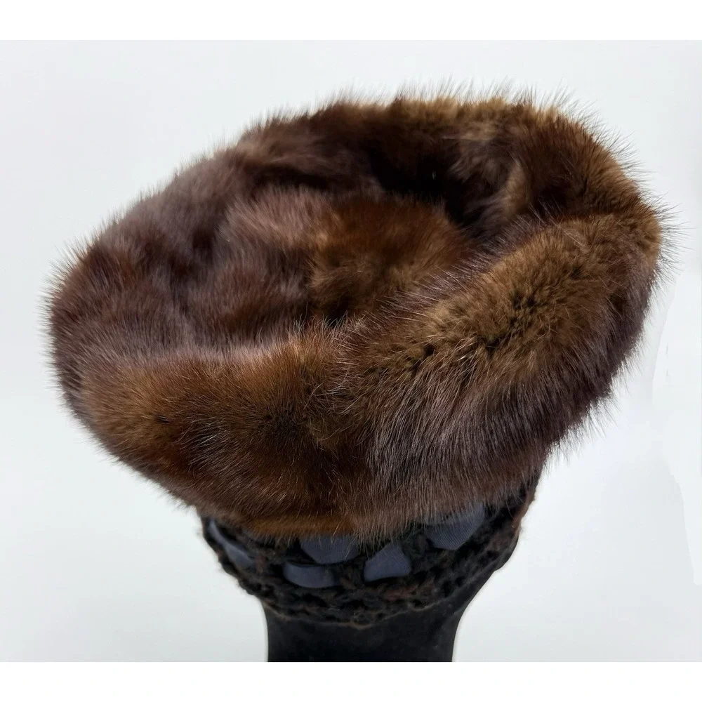 Amrose Vintage 1950s/60s Brown Mink & Crochet Fur Hat Size XS Extra Small